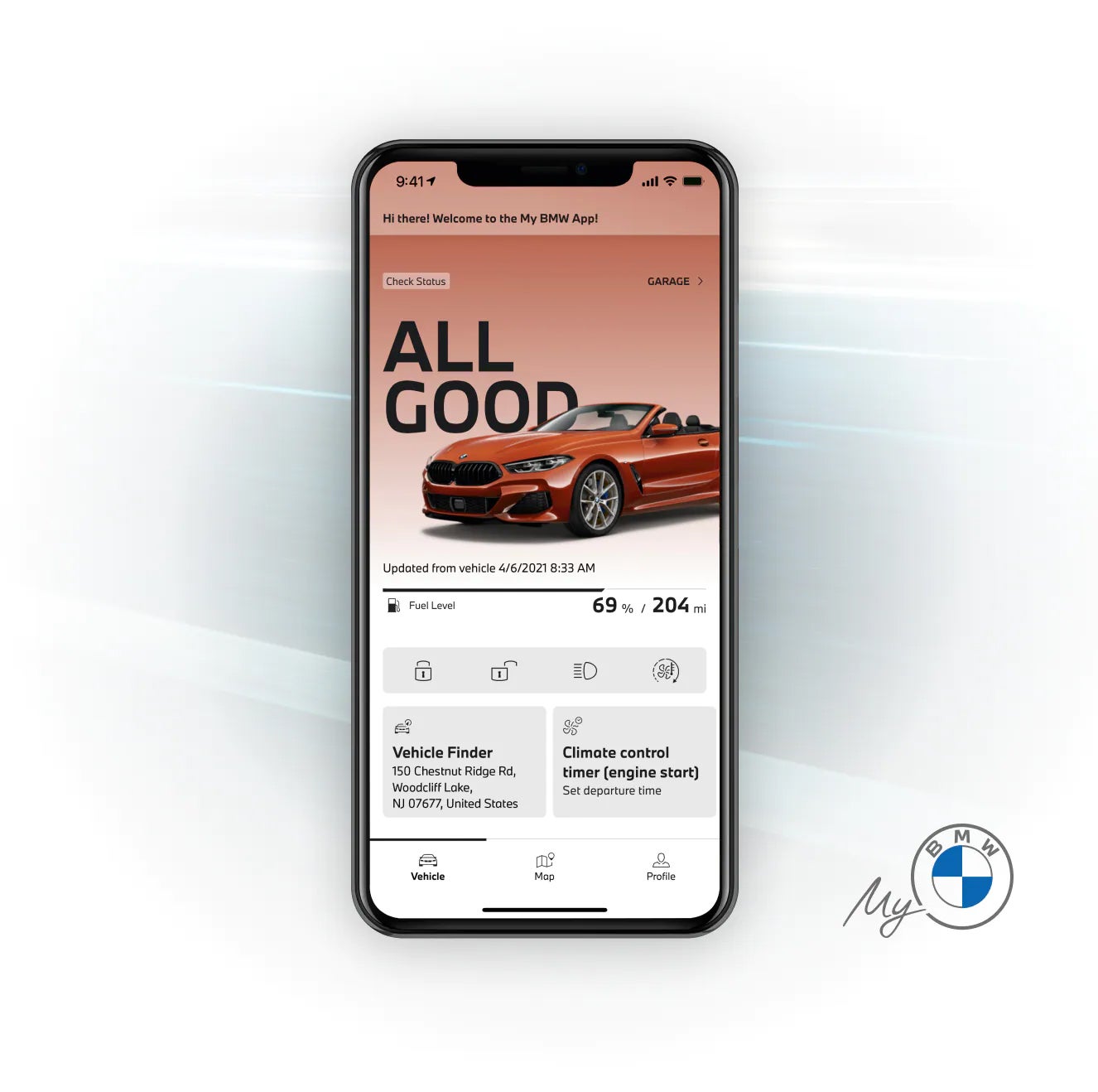 Person holding a phone with the BMW Connected App on the screen