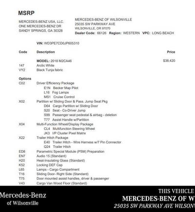 2018 Mercedes-Benz Sprinter 2500 Standard Roof V6 144" RWD