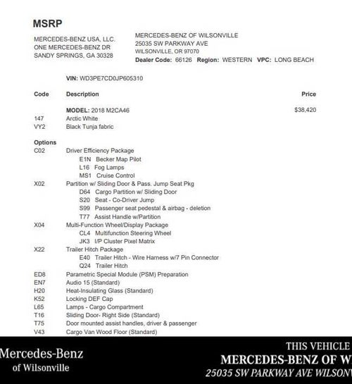 2018 Mercedes-Benz Sprinter 2500 Standard Roof V6 144" RWD