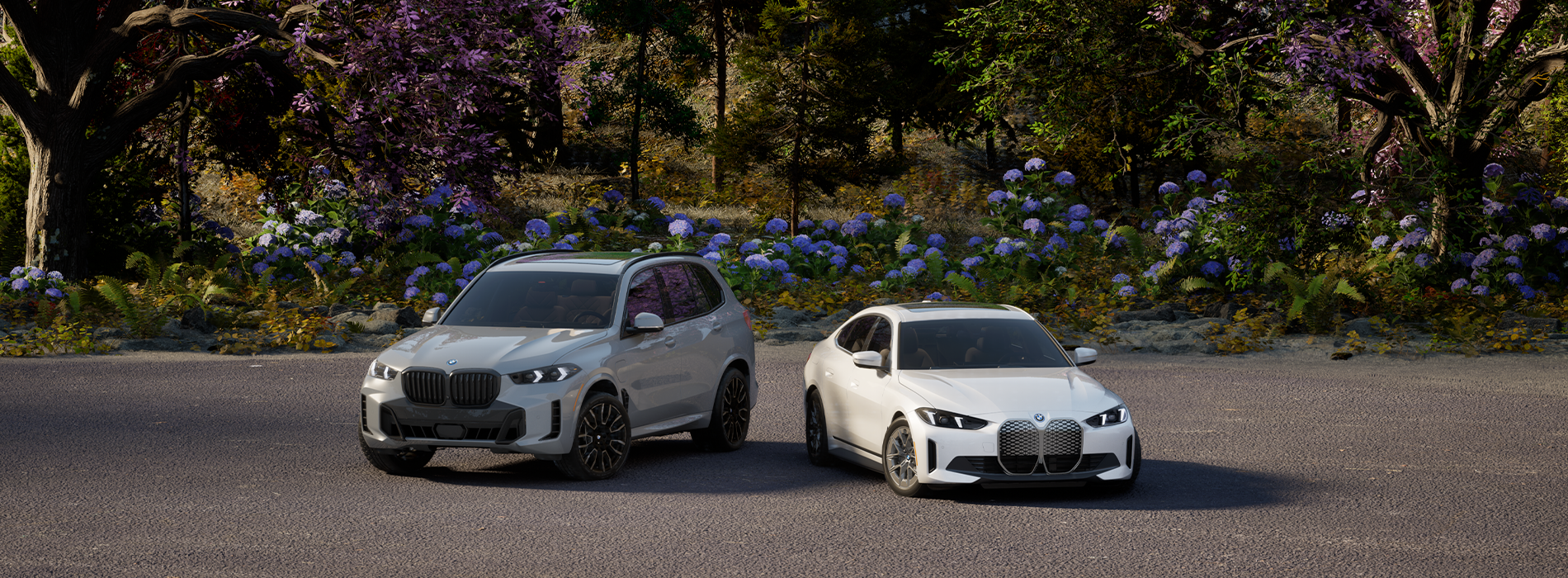 BMW Electric vehicles parked in a spring landscape.